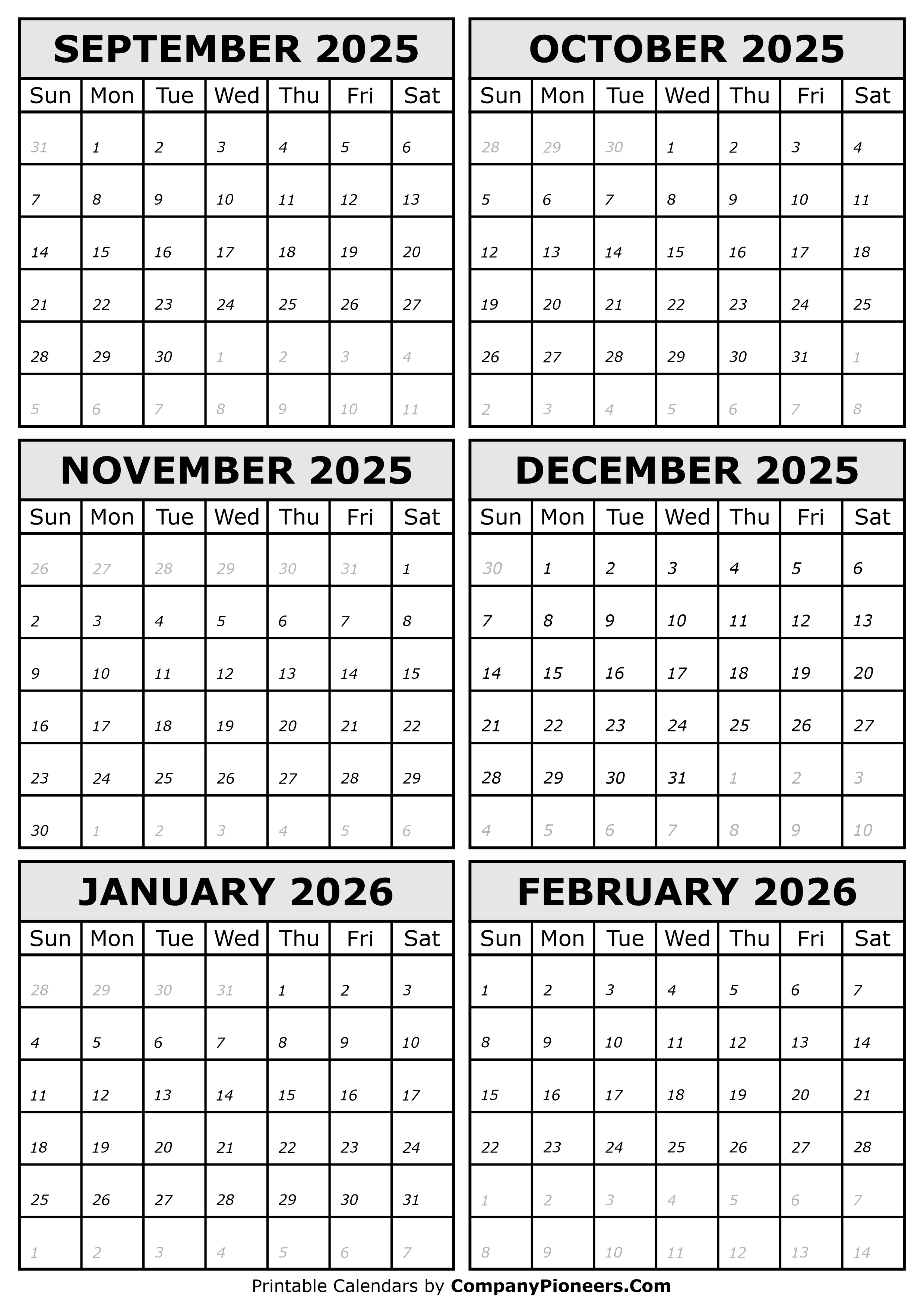 2025 September to 2026 February Calendar