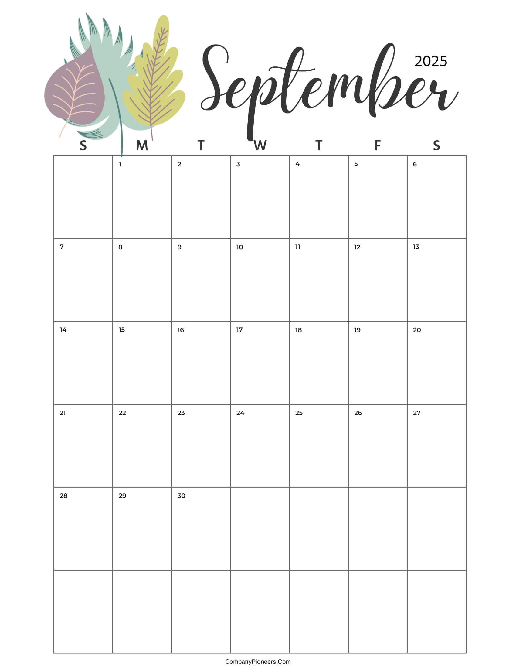 Calendar September 2025 Cute Cactus Leaves