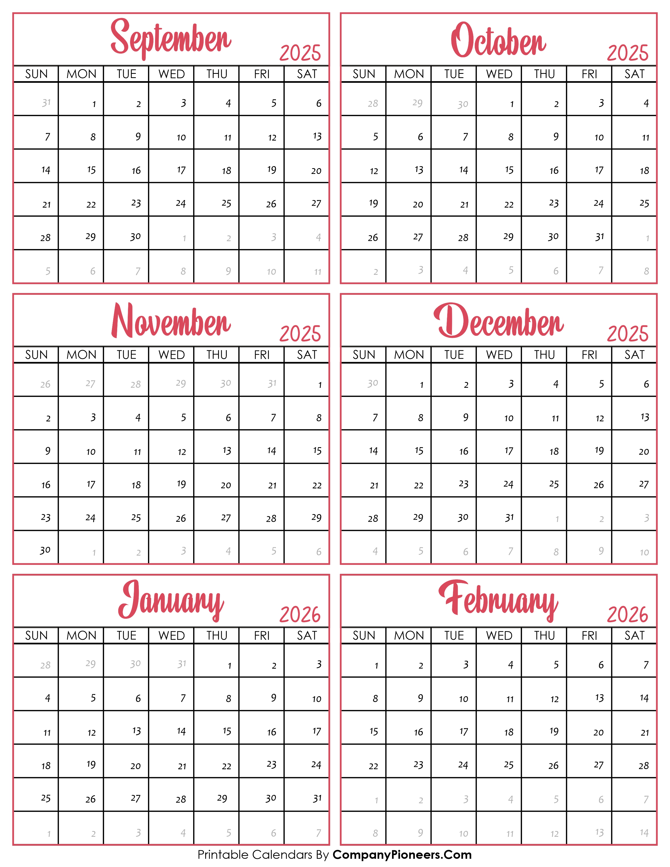 Calendar September 2025 to February 2026