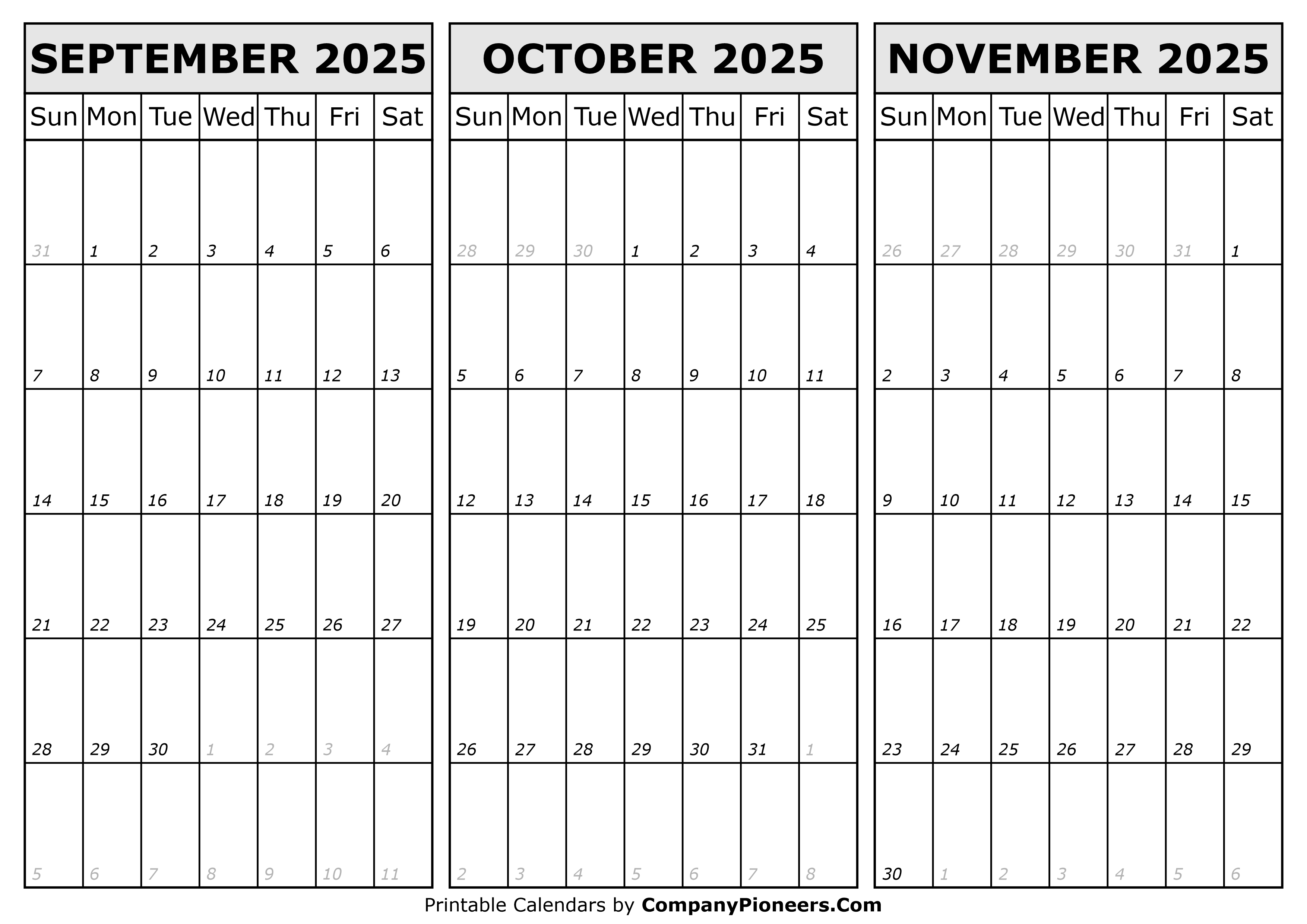 Calendar September October November 2025