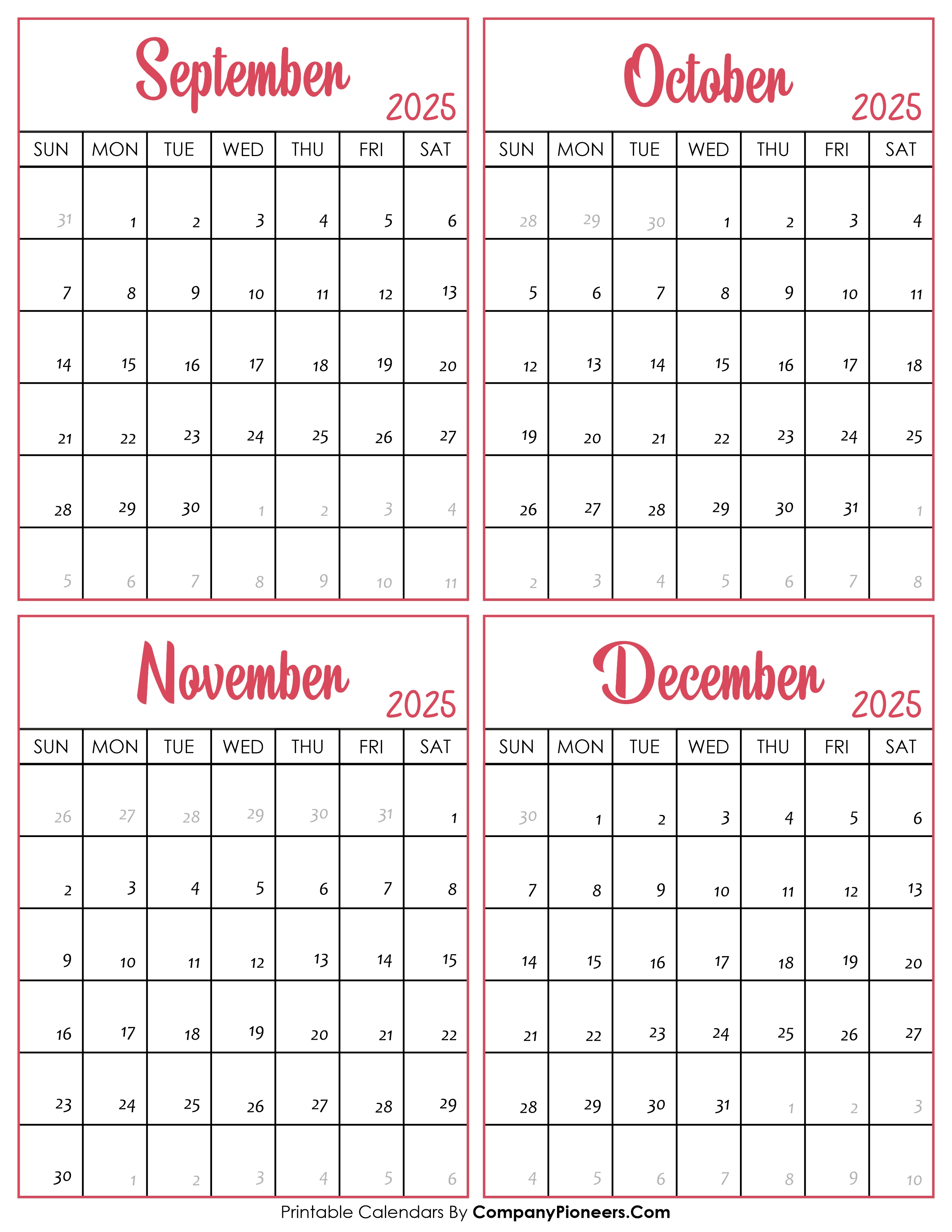 Calendar September to December 2025