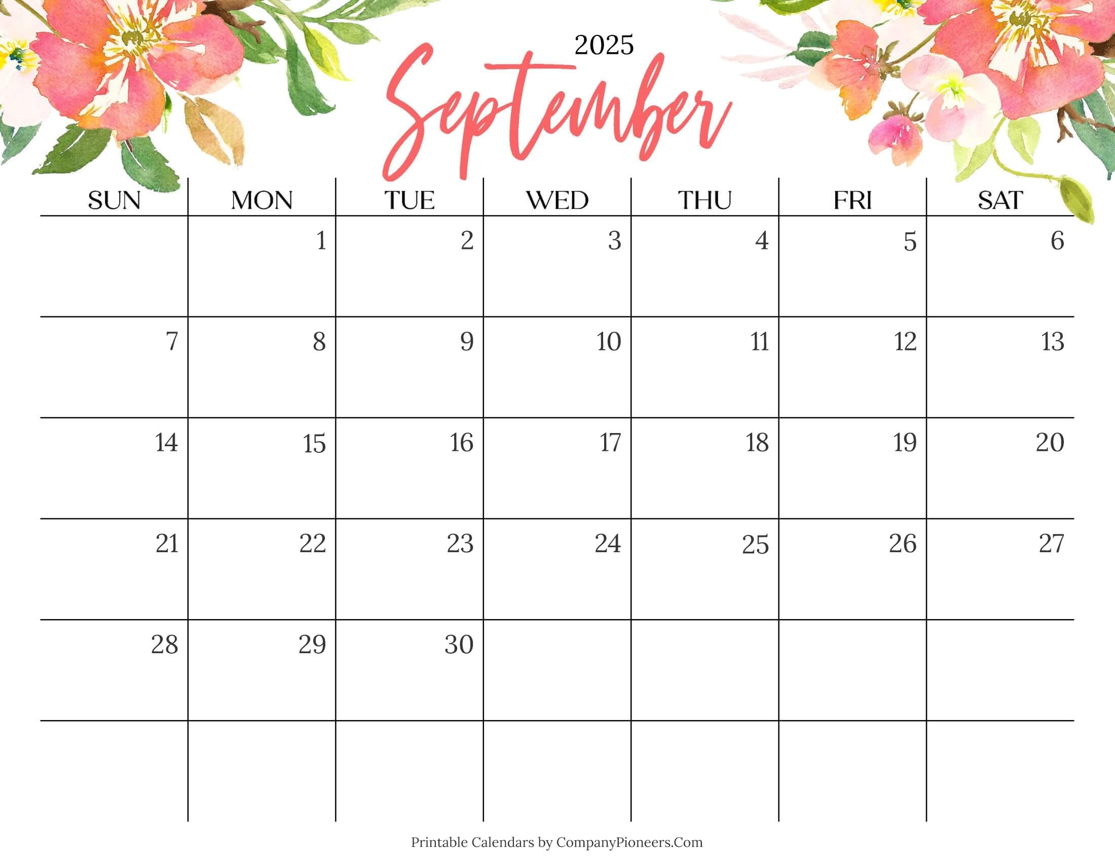 Cute September 2025 Calendar Multi Flower