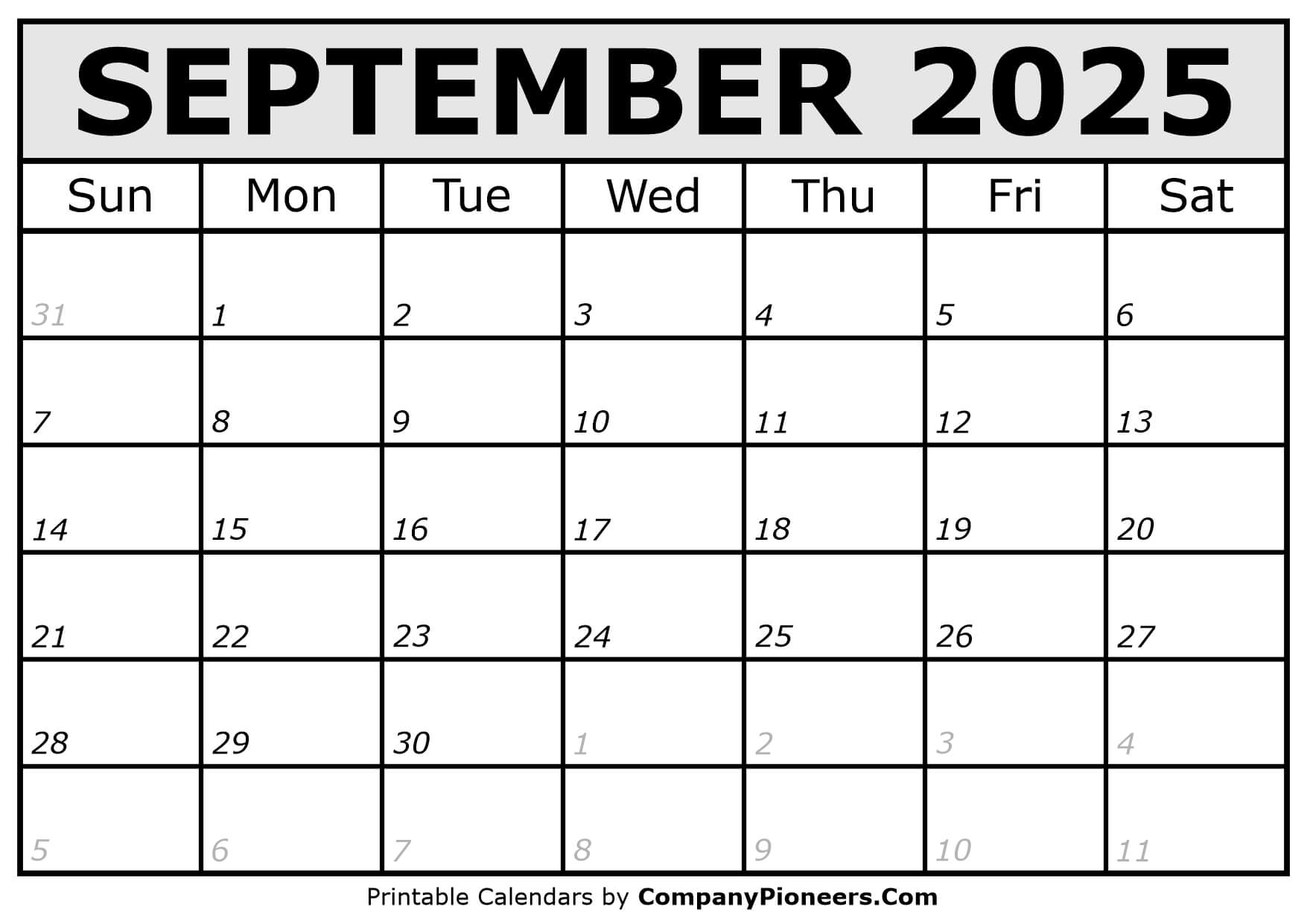 Printable September 2025 Calendar Italic Font