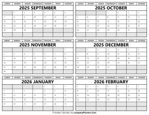 Printable September 2025 to February 2026 Calendar