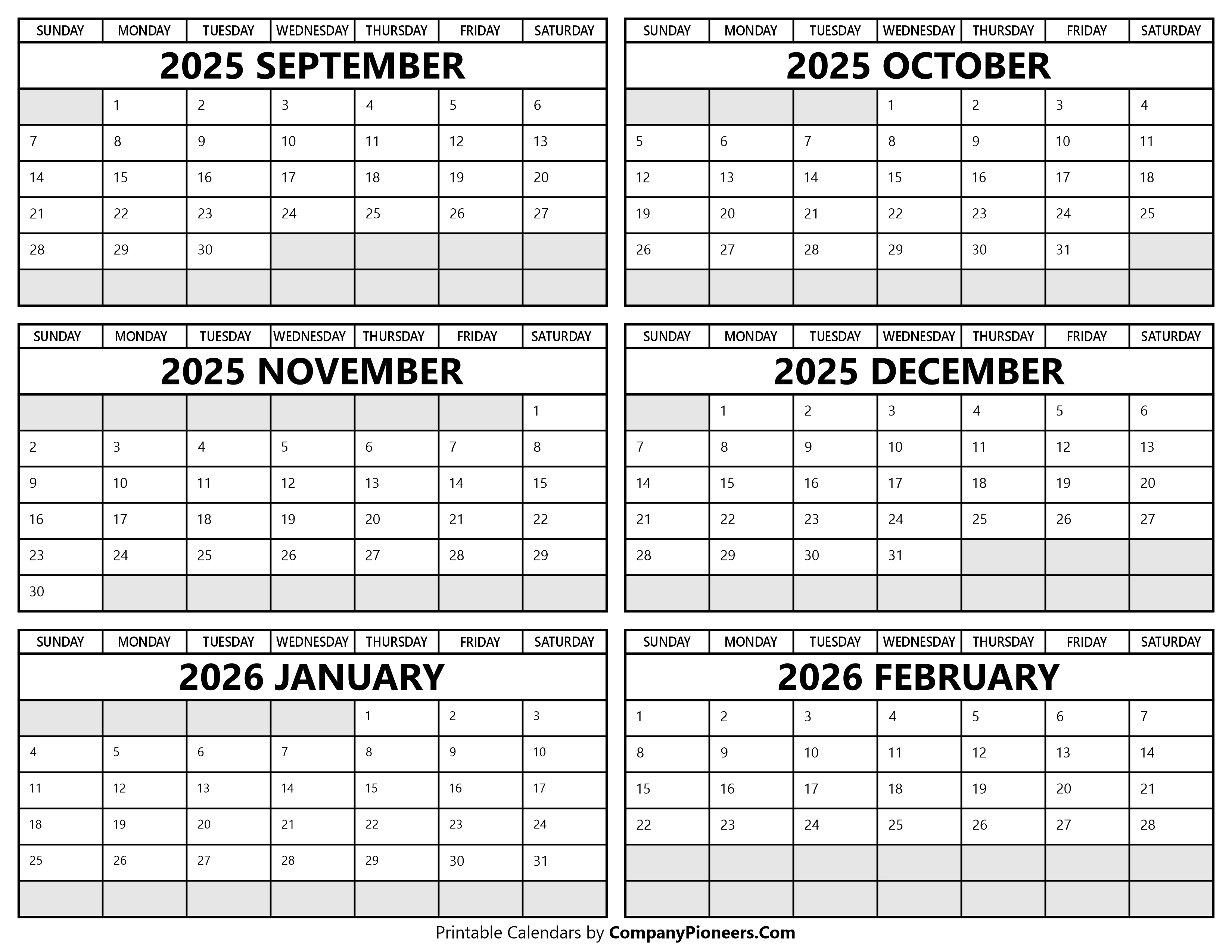 Printable September 2025 to February 2026 Calendar