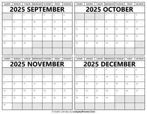 Printable September to December 2025 Calendars