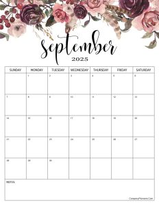 Red Roses Flower September 2025 Calendar with Notes