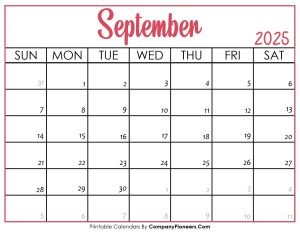 September 2025 Calendar Printable Pink Header