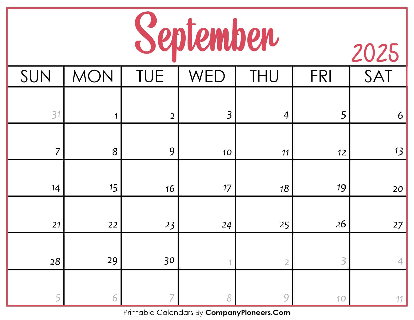 September 2025 Calendar Printable Pink Header