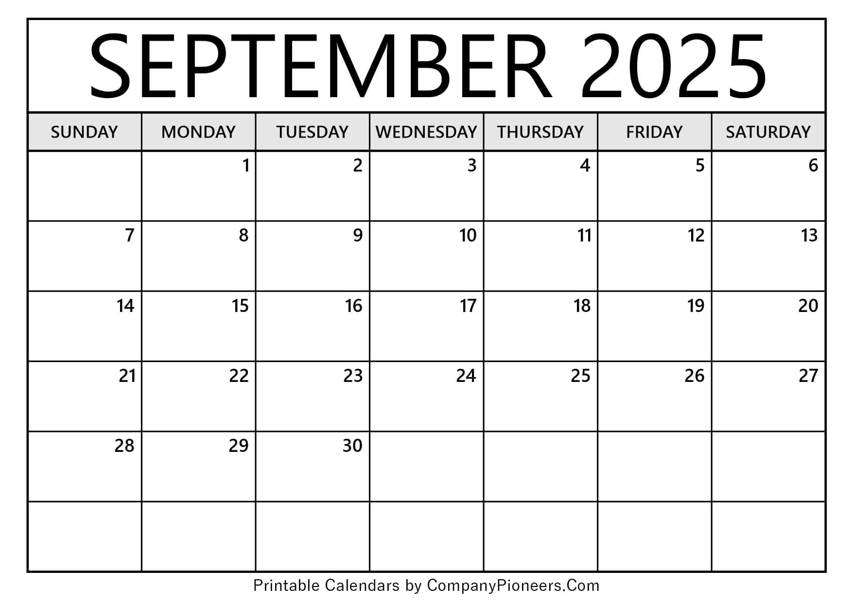 September 2025 Calendar Template Blank