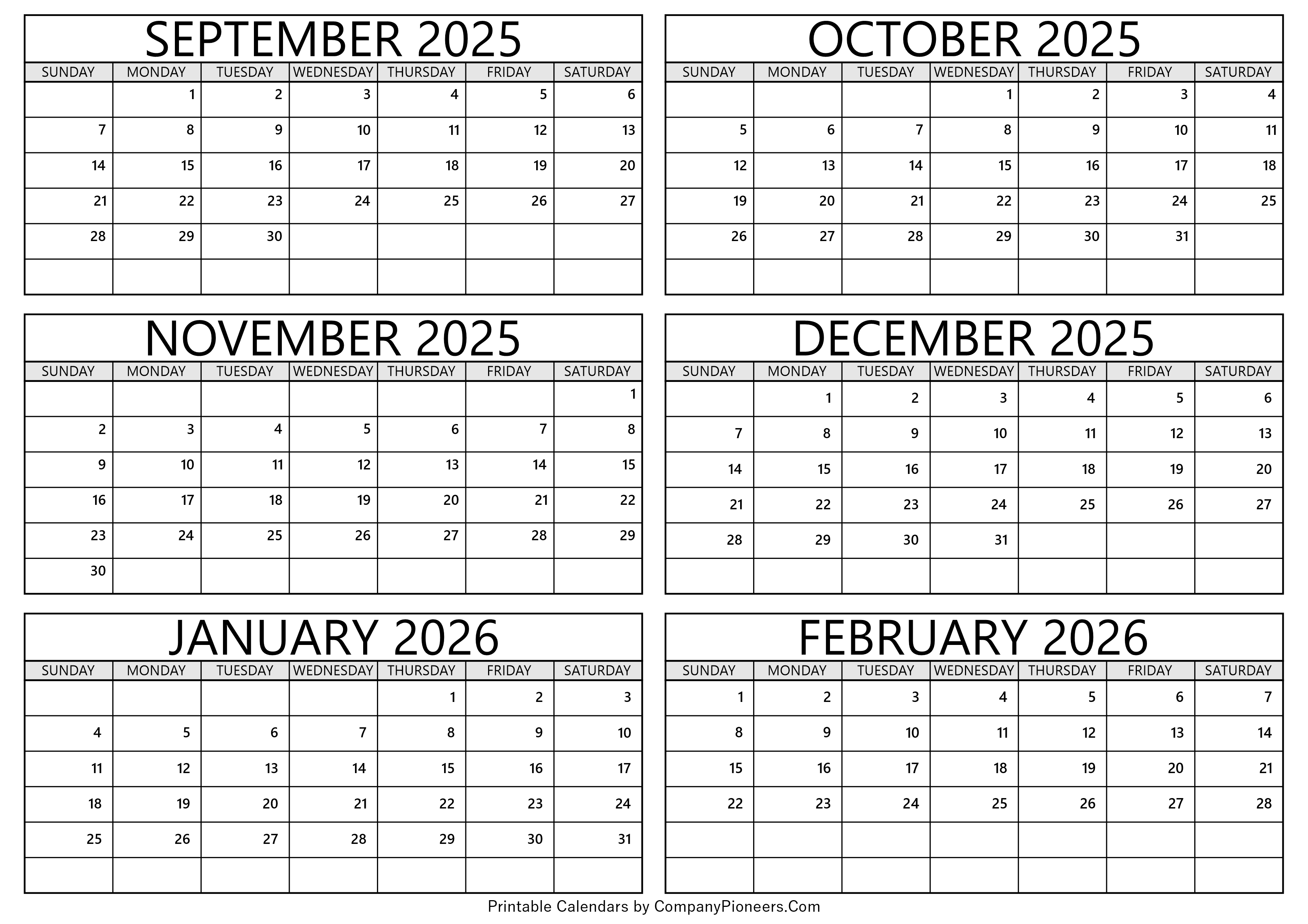 September 2025 to February 2026 Calendar