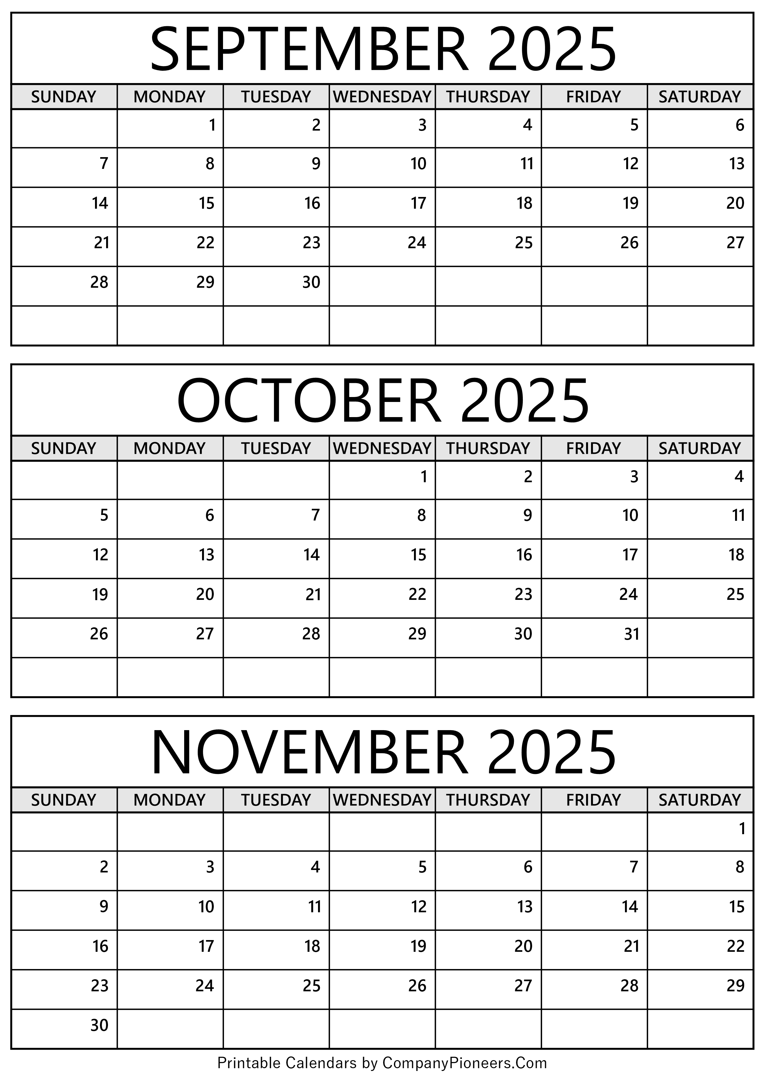 September October November 2025 Calendar