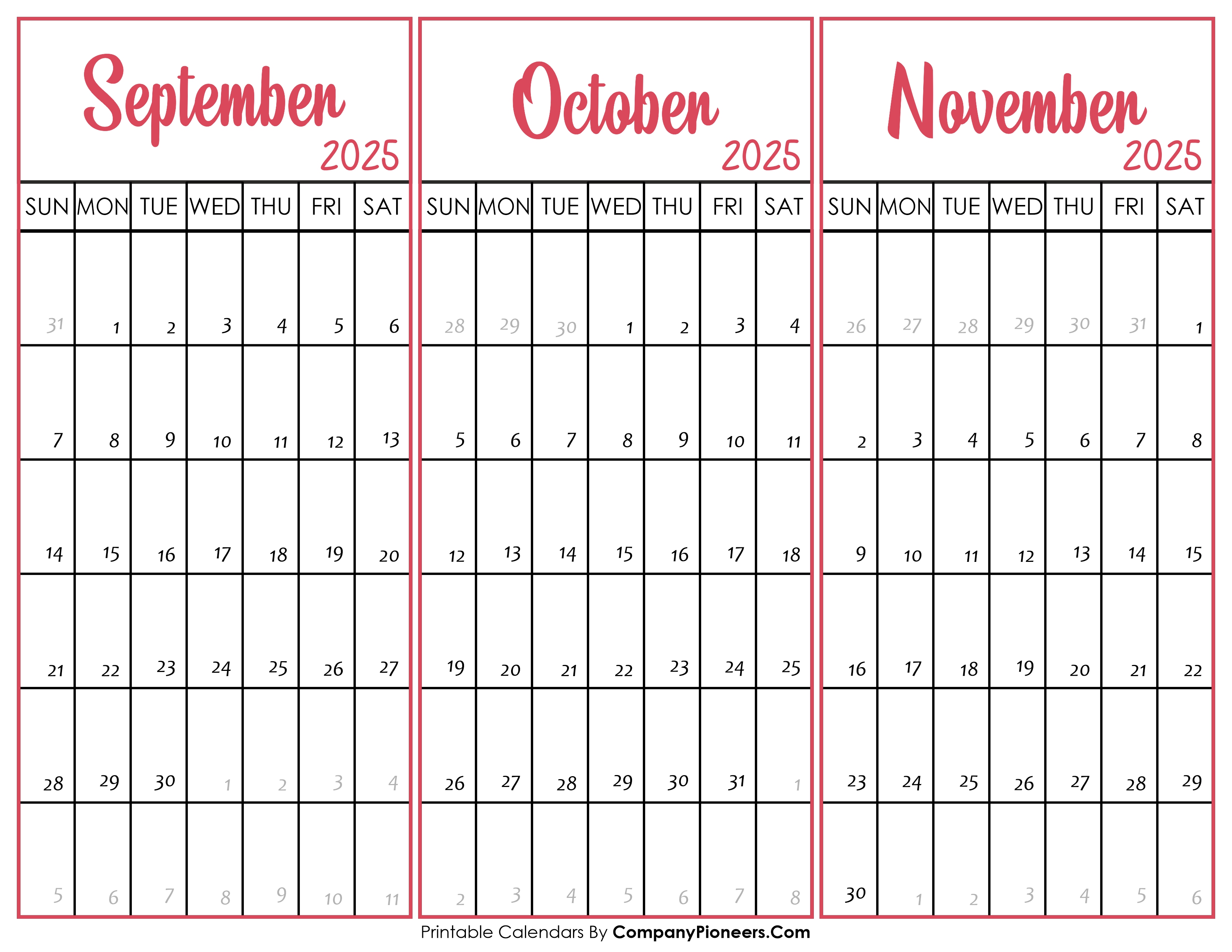 September October and November Calendar 2025