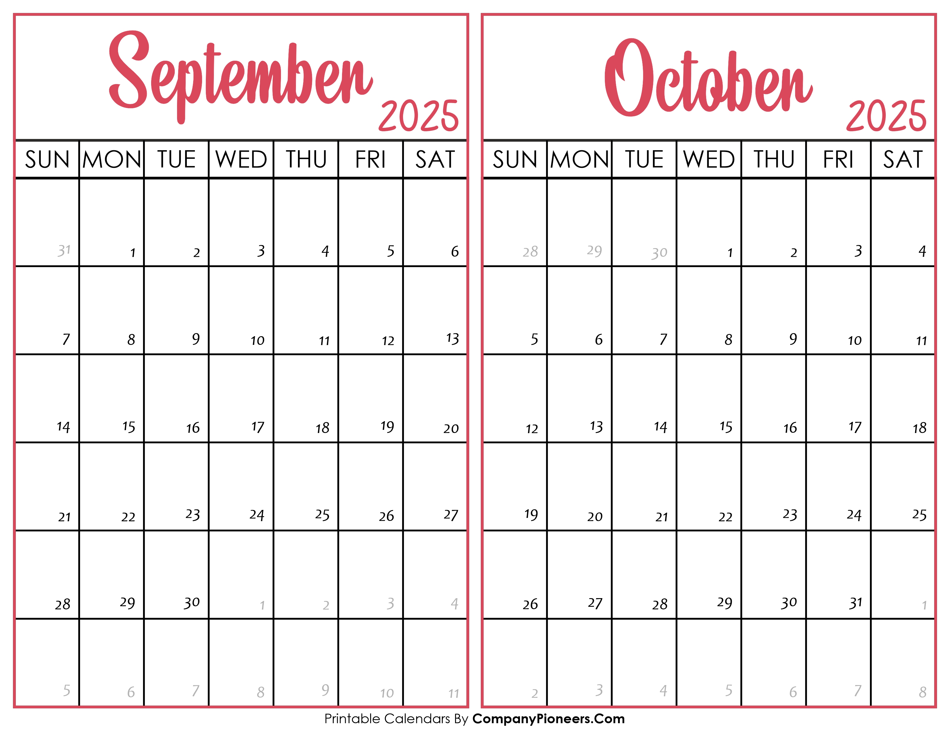 September and October Calendar 2025