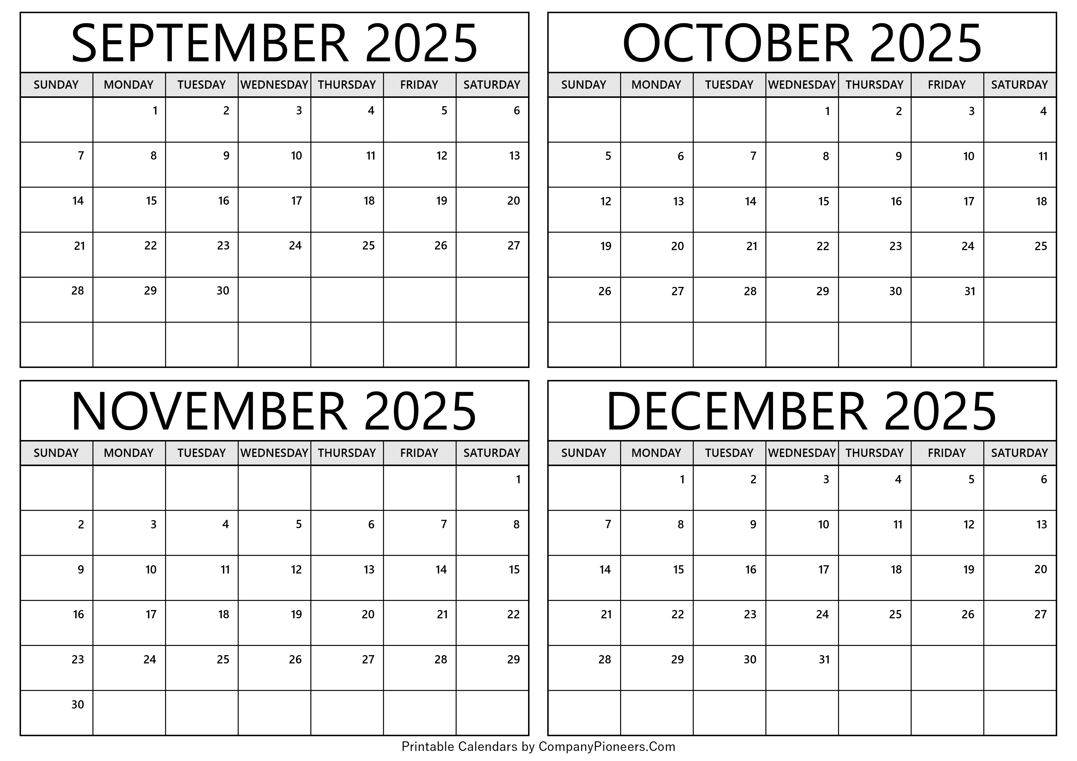 September to December 2025 Calendar