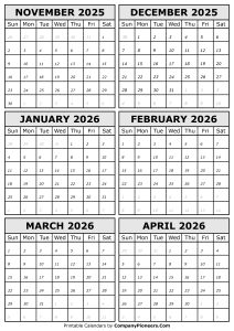 2025 November to 2026 April Calendar