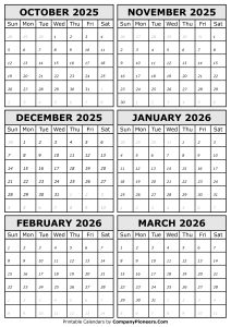 2025 October to 2026 March Calendar