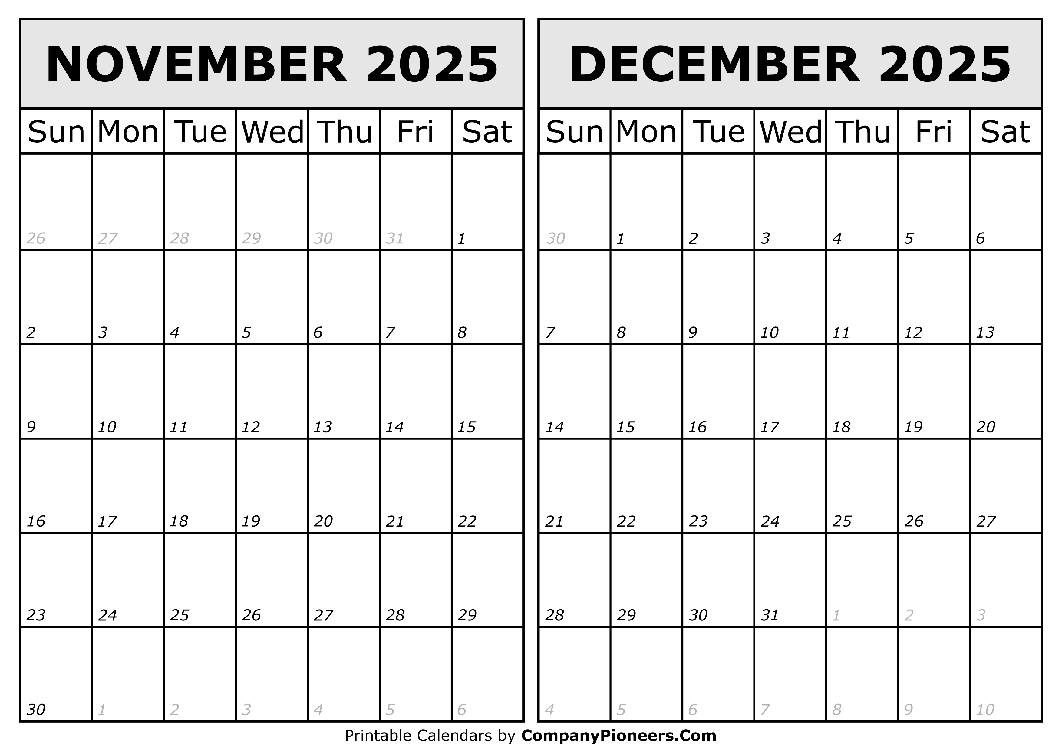 Calendar 2025 November December