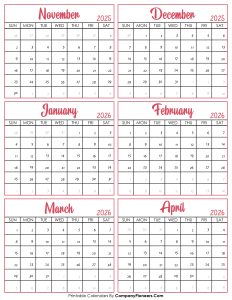 Calendar November 2025 to April 2026