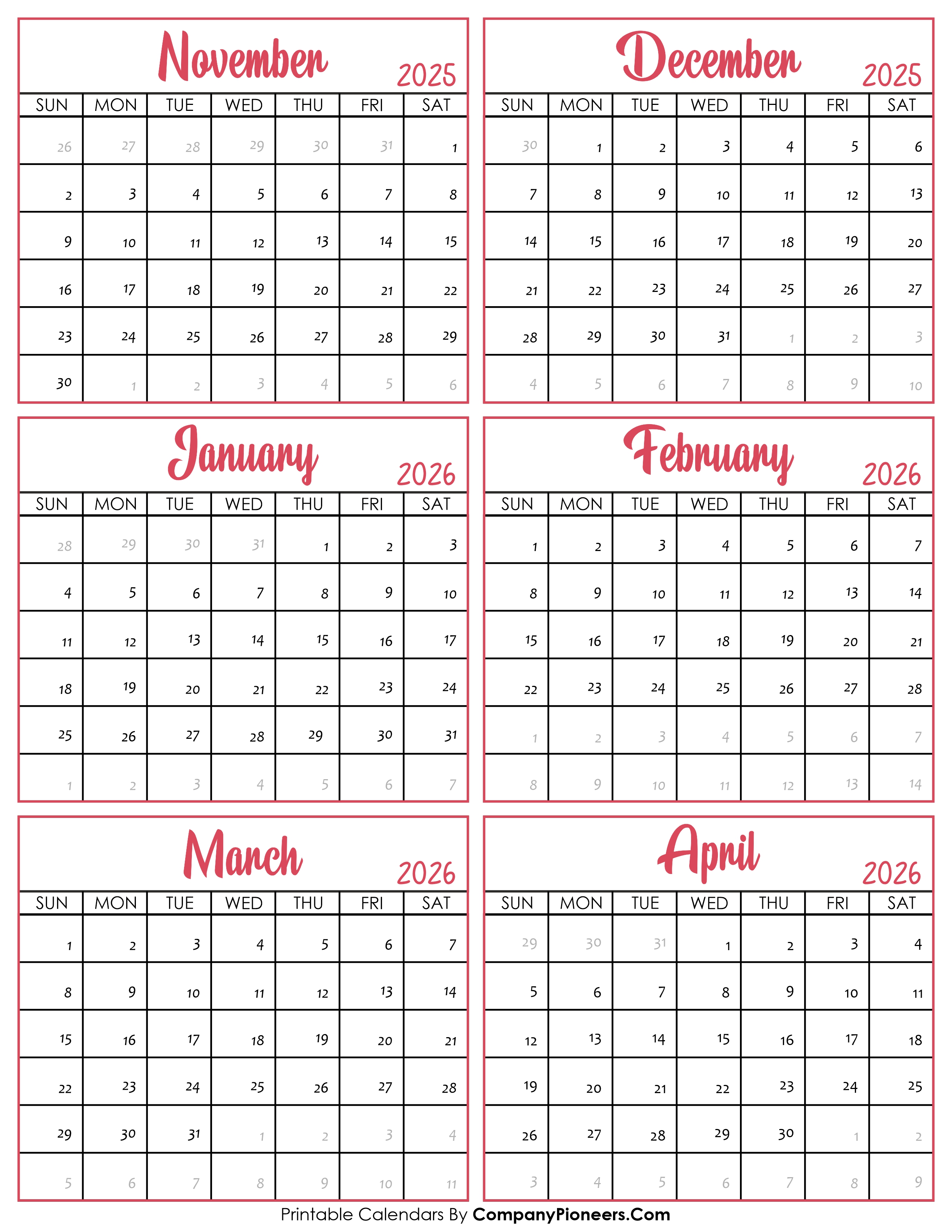 Calendar November 2025 to April 2026