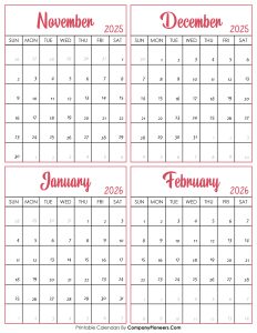 Calendar November 2025 to February 2026