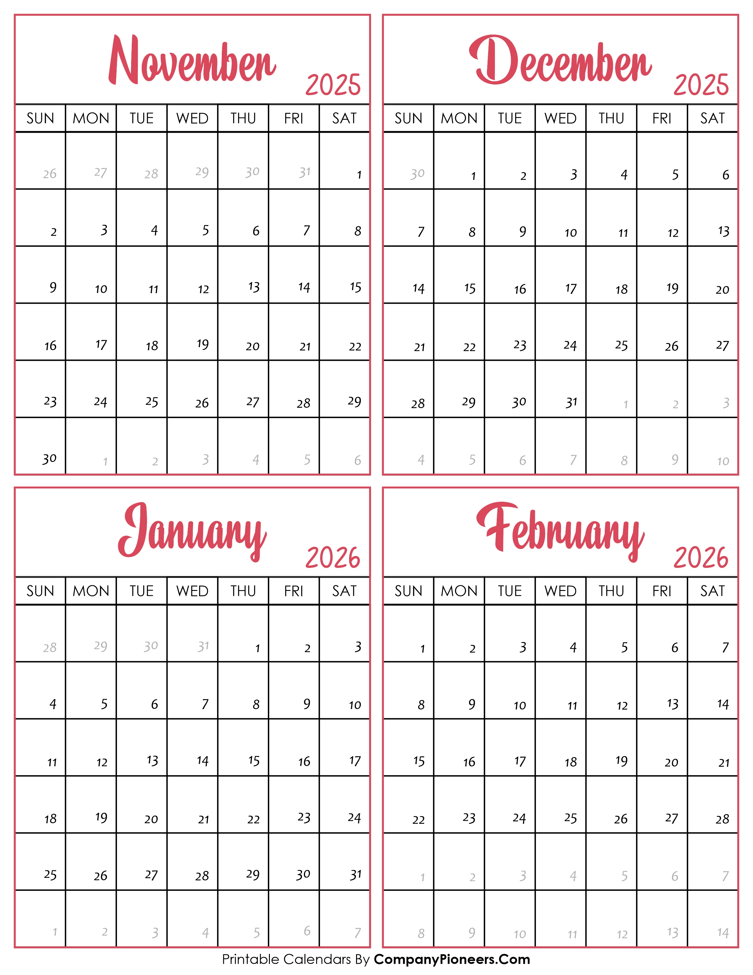 Calendar November 2025 to February 2026