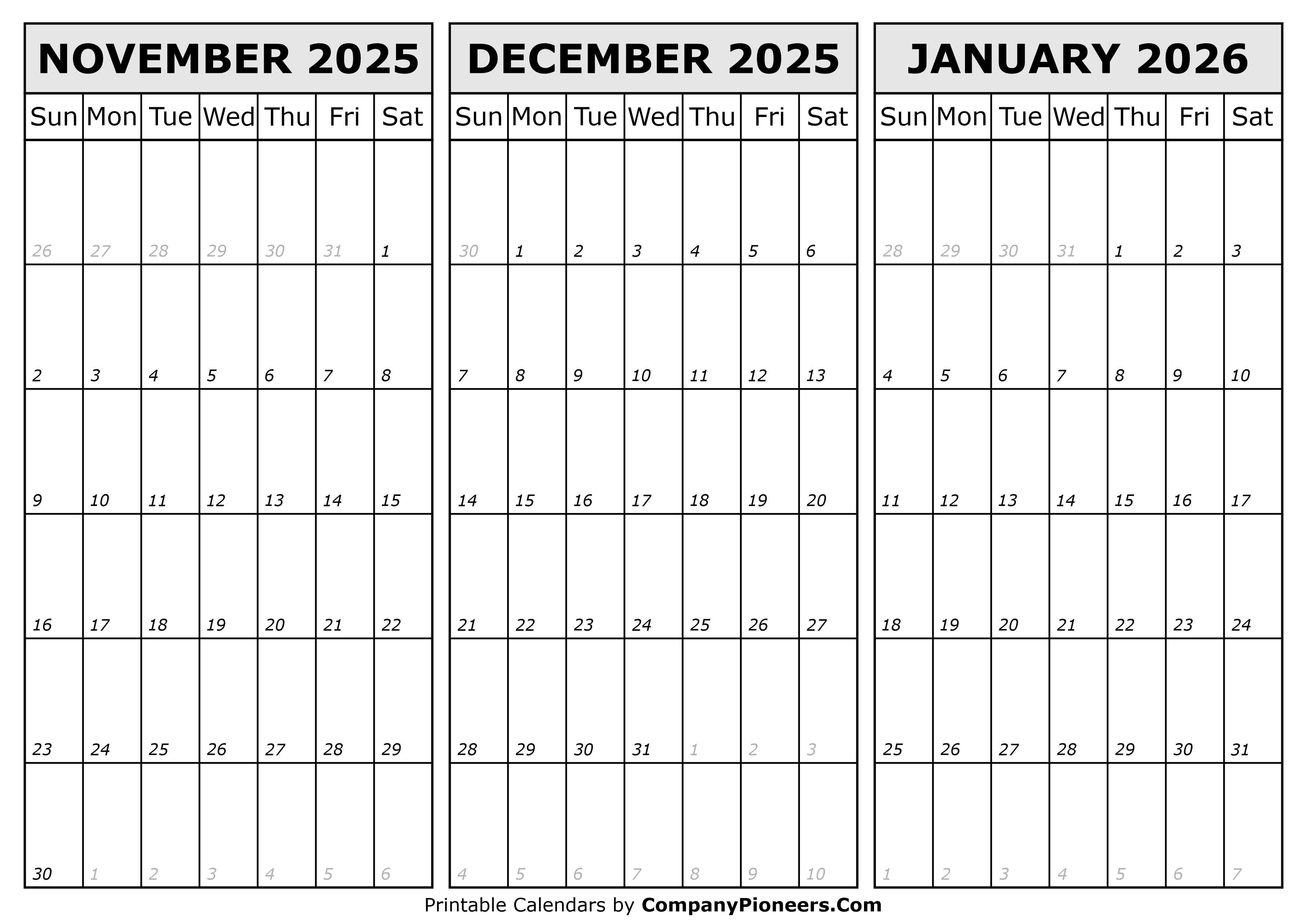 Calendar November 2025 to January 2026