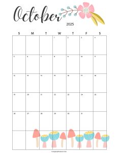 Calendar October 2025 Cute Cactus Leaves