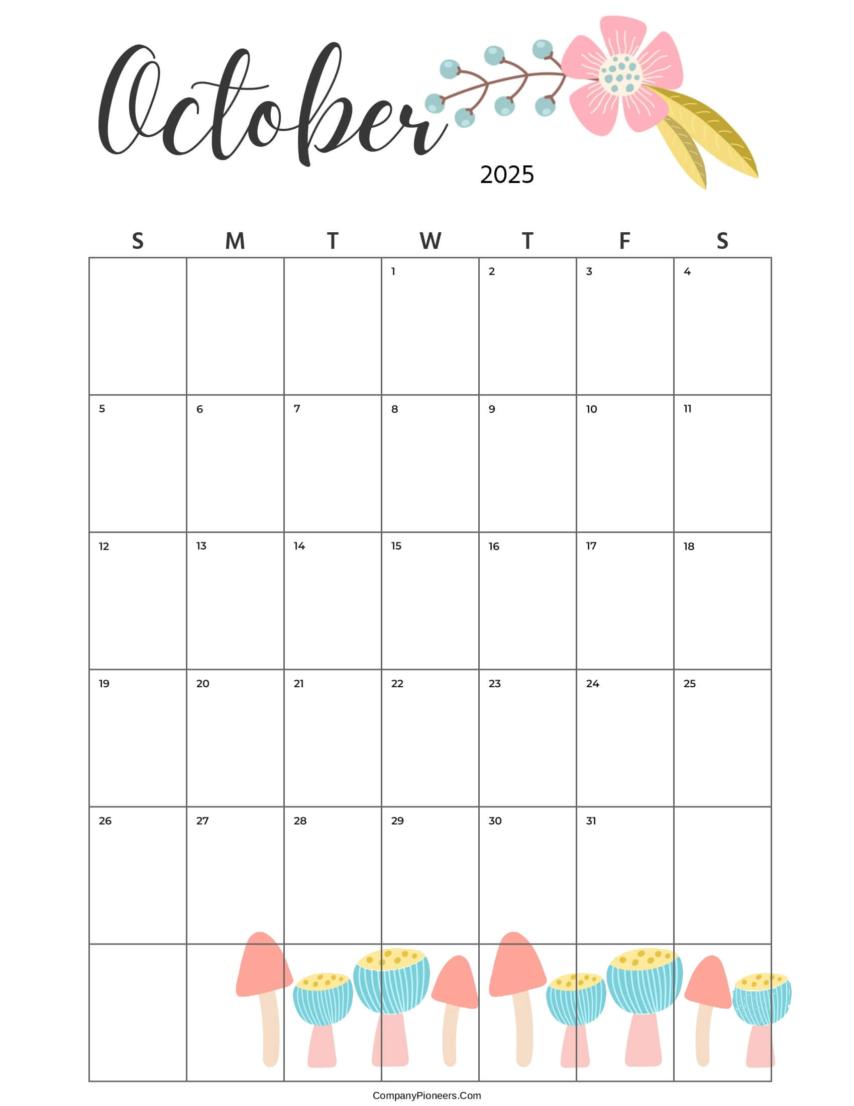 Calendar October 2025 Cute Cactus Leaves