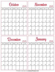 Calendar October 2025 to January 2026