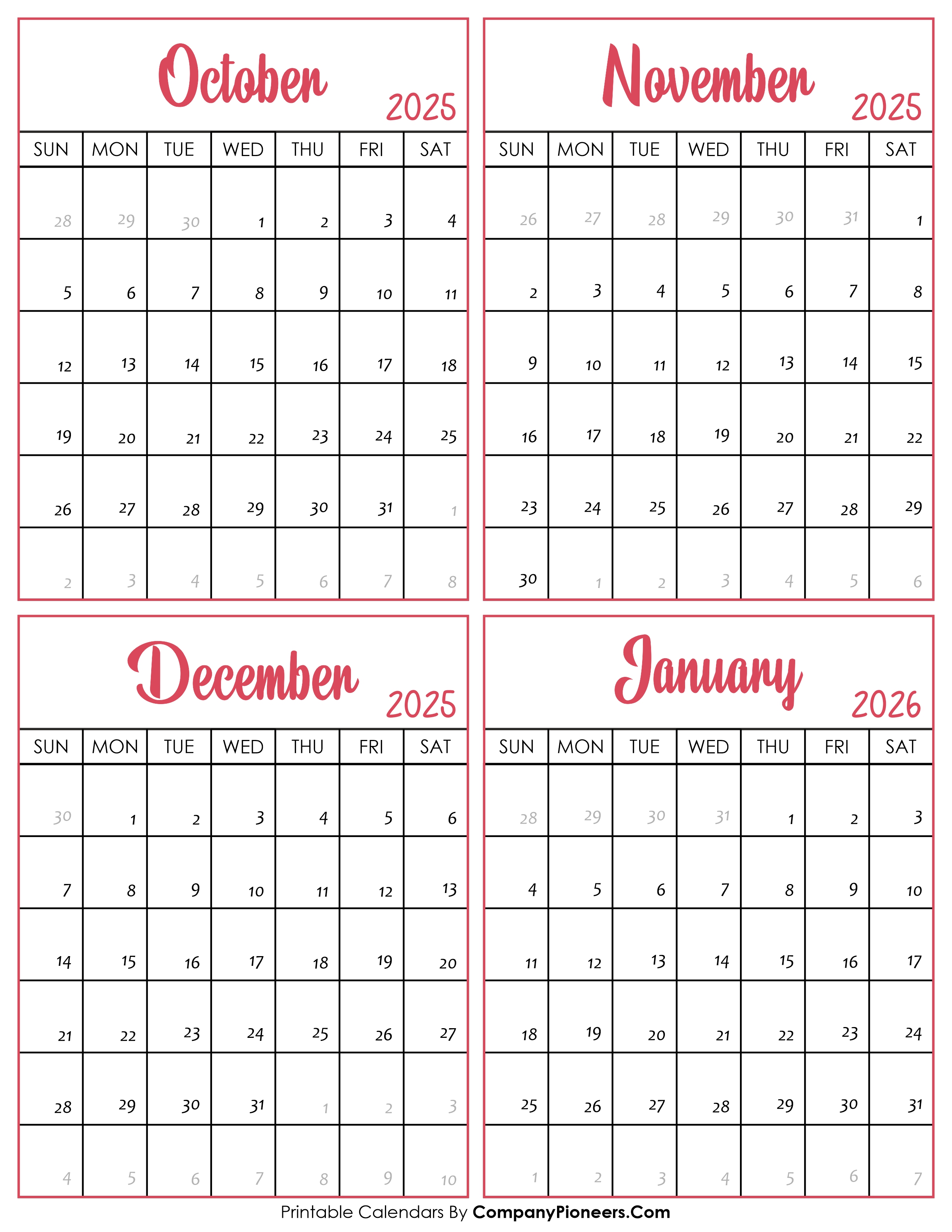 Calendar October 2025 to January 2026