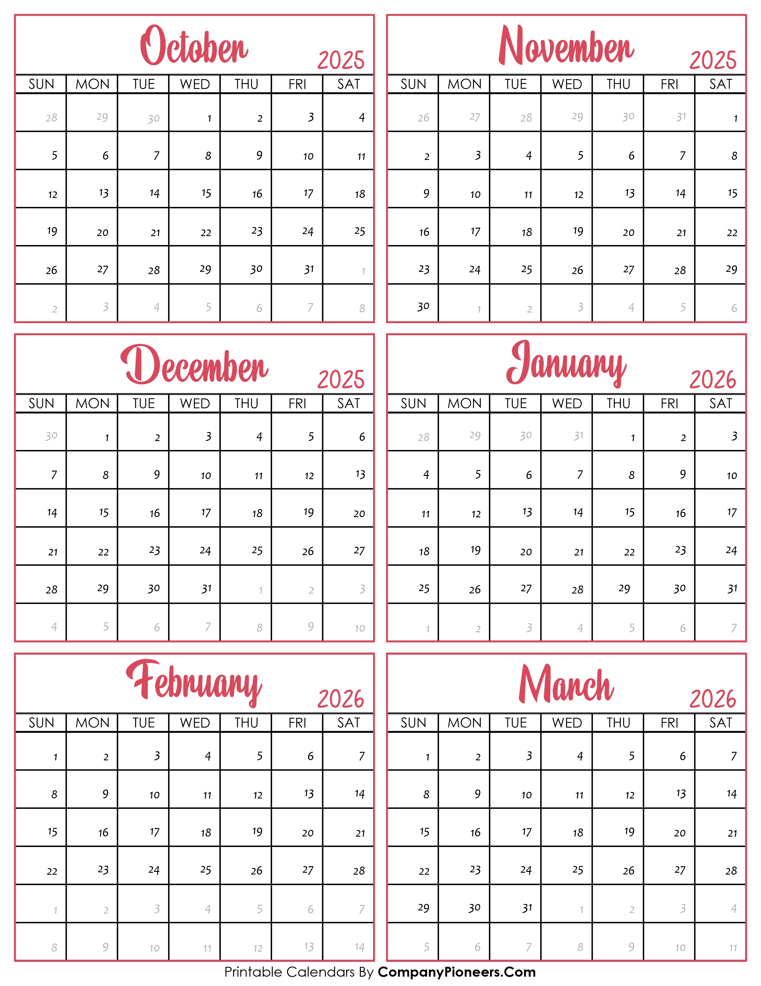 Calendar October 2025 to March 2026