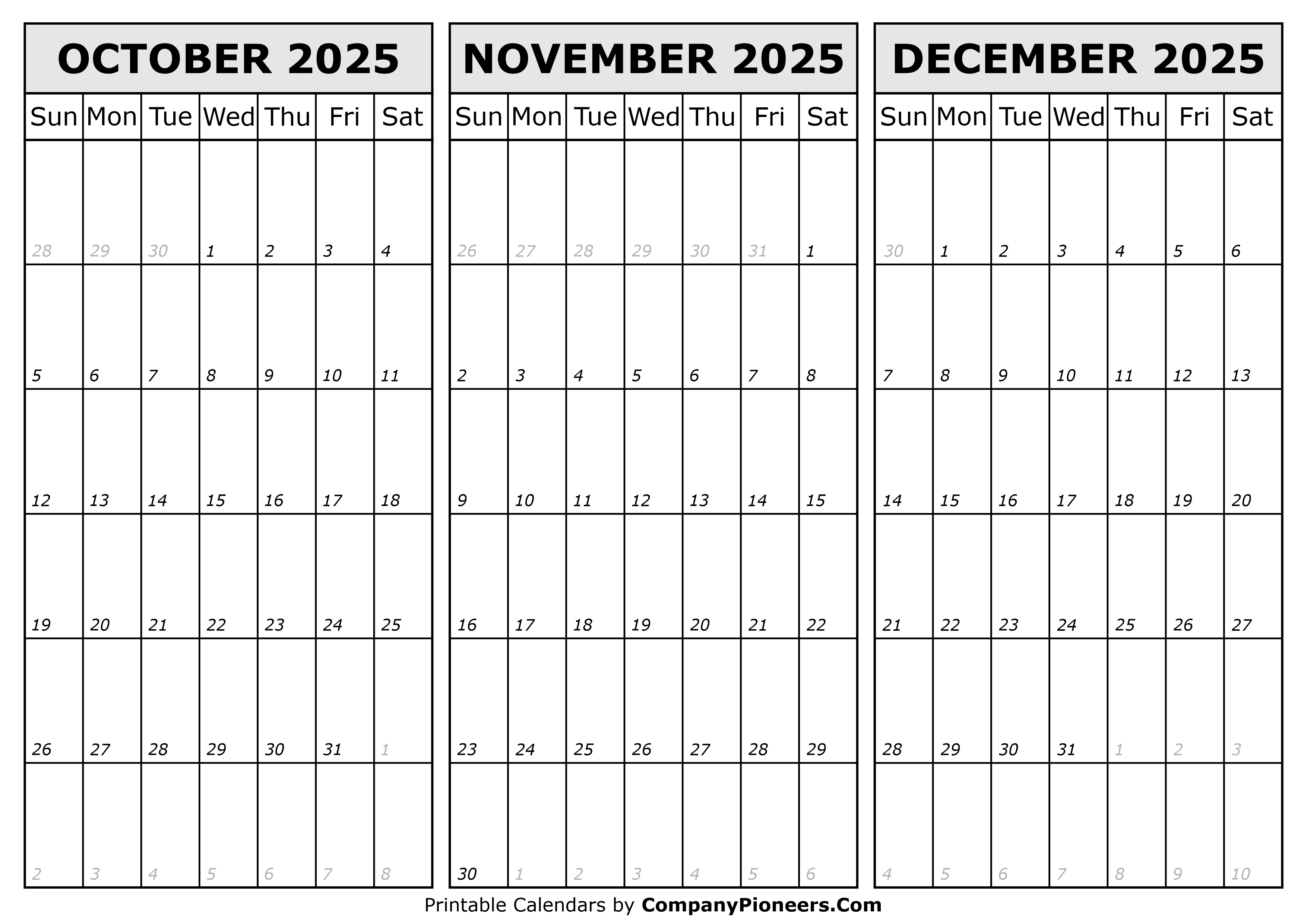 Calendar October November December 2025