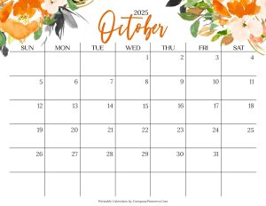 Cute October 2025 Calendar Multi Flower