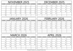 November 2025 to April 2026 Calendar