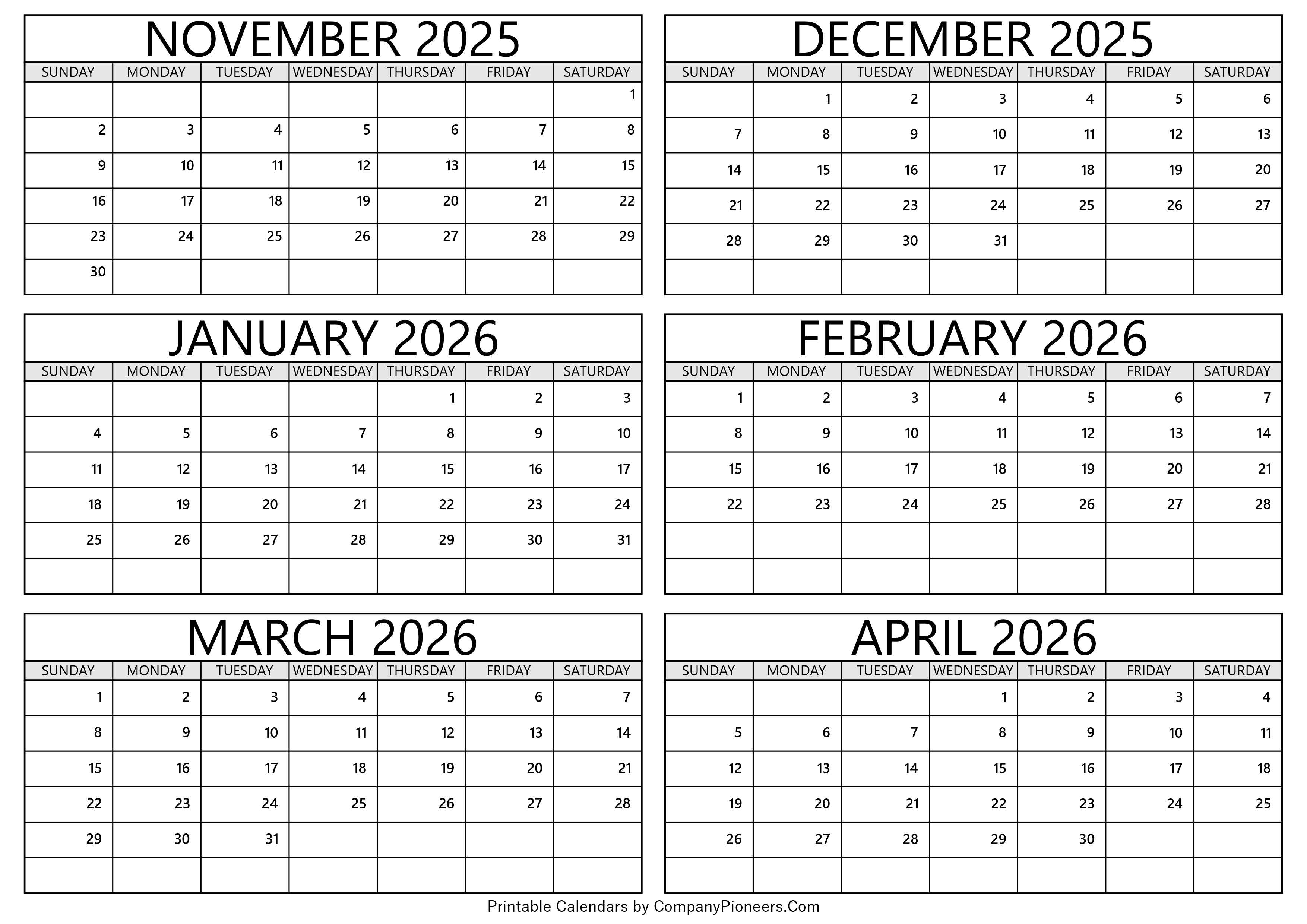 November 2025 to April 2026 Calendar