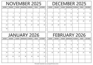 November 2025 to February 2026 Calendar