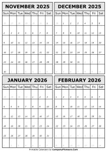 November 2025 to February 2026 Calendar Template