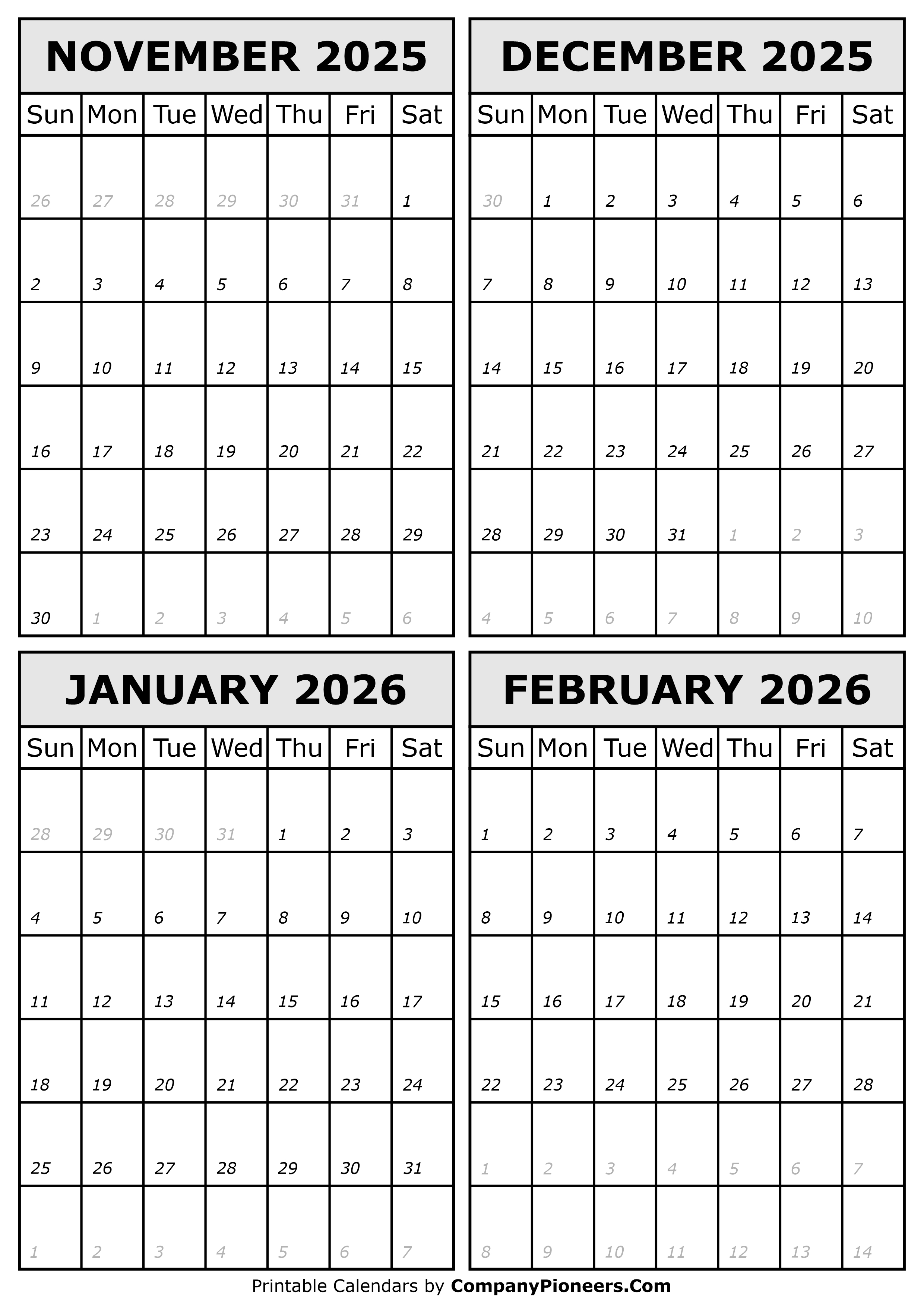 November 2025 to February 2026 Calendar Template