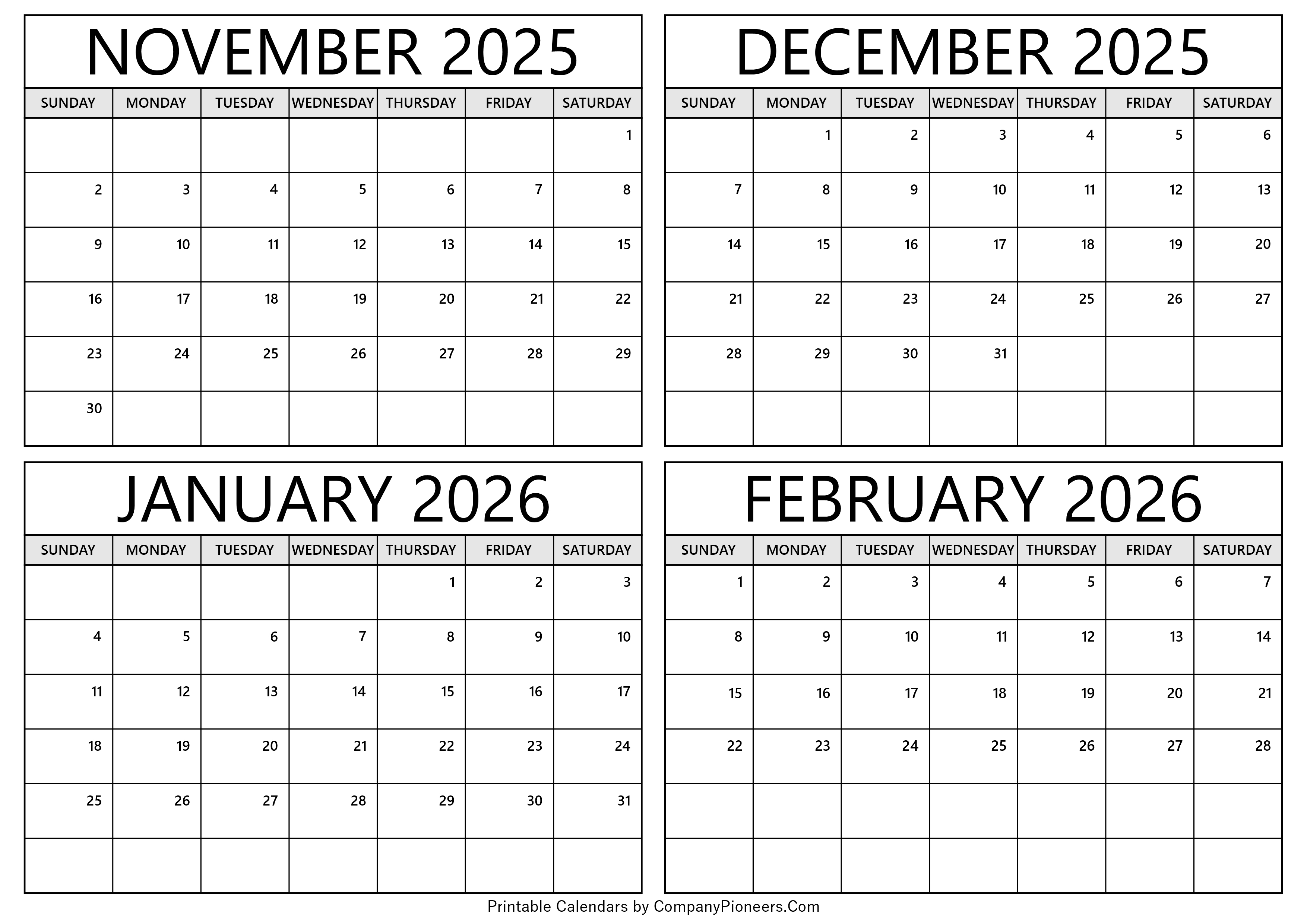 November 2025 to February 2026 Calendar