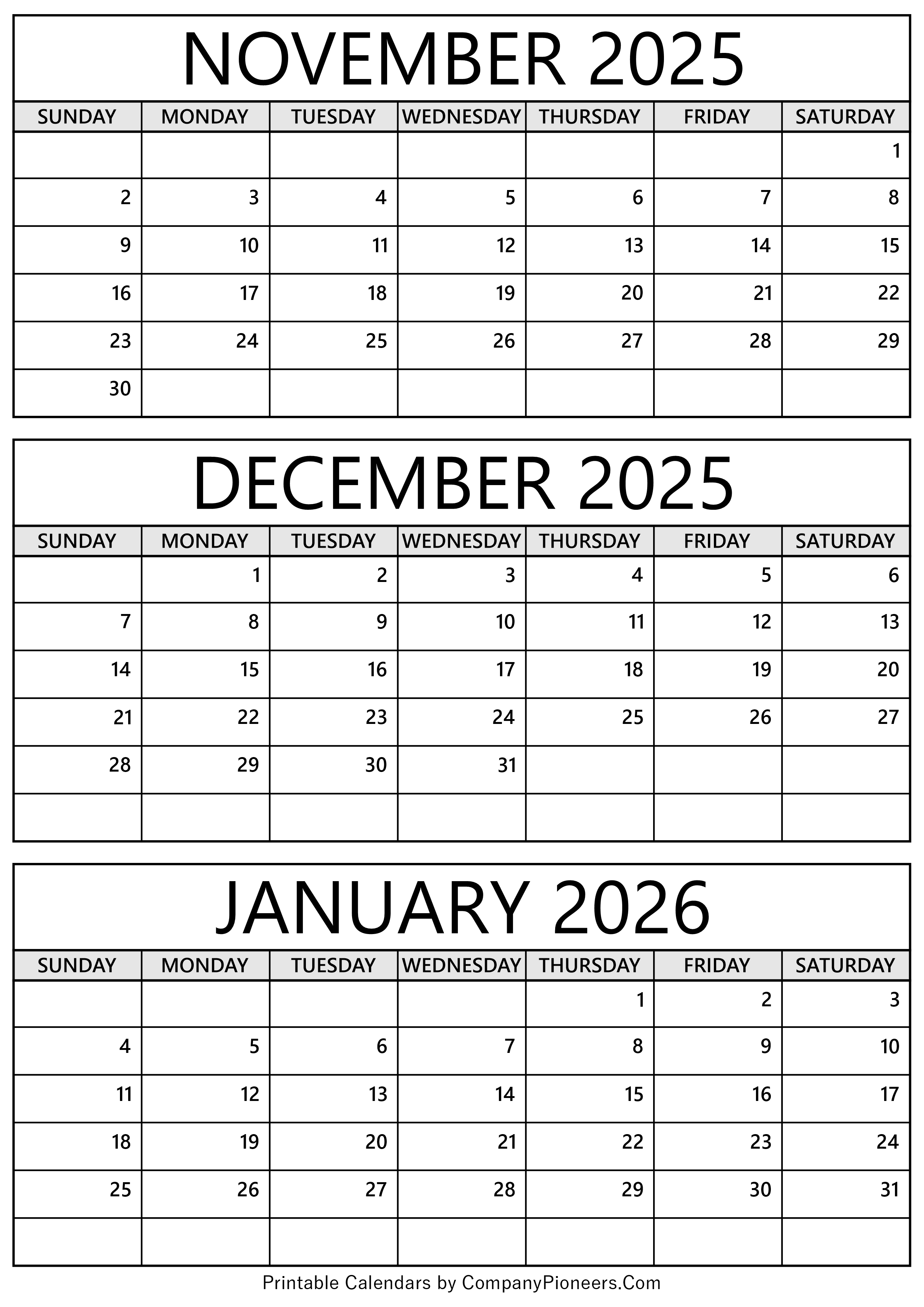 November 2025 to January 2026 Calendar