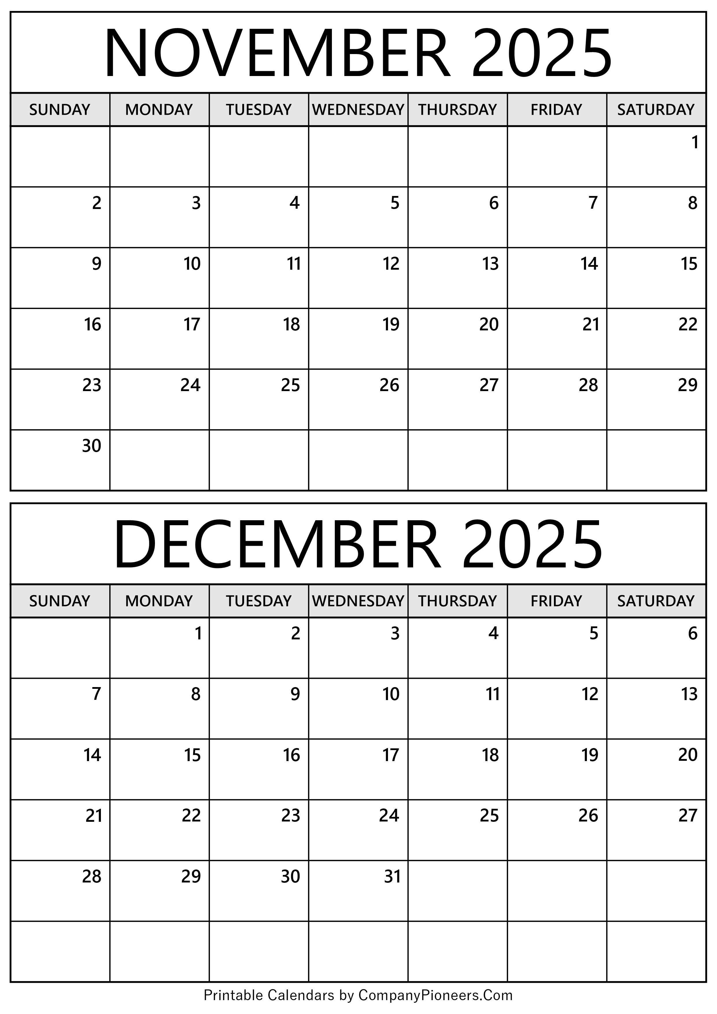 November December 2025 Calendar