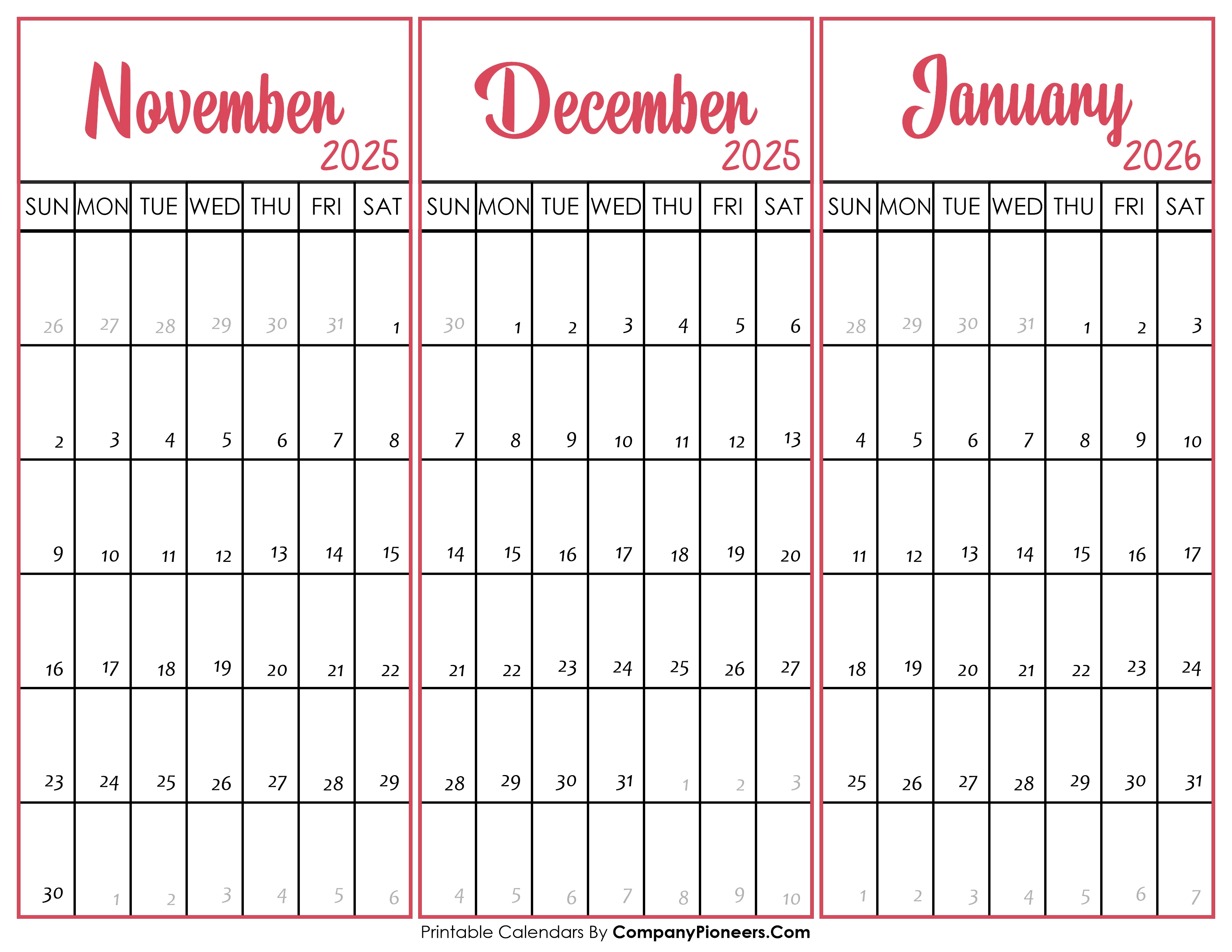 November December 2025 and January 2026 Calendar