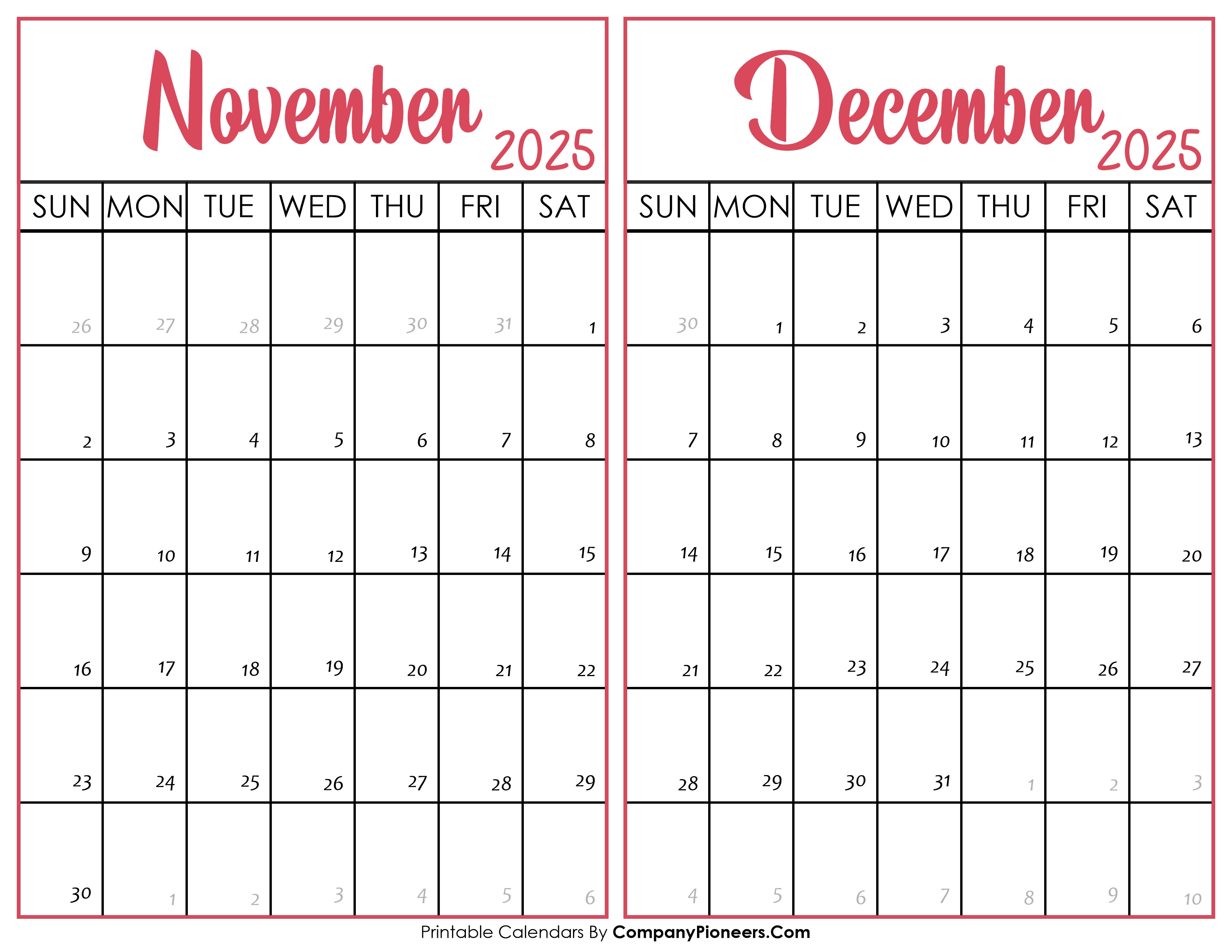 November and December Calendar 2025