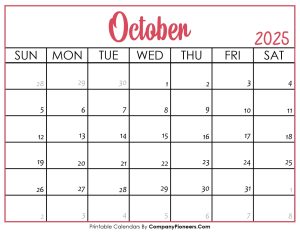 October 2025 Calendar Printable Pink Header