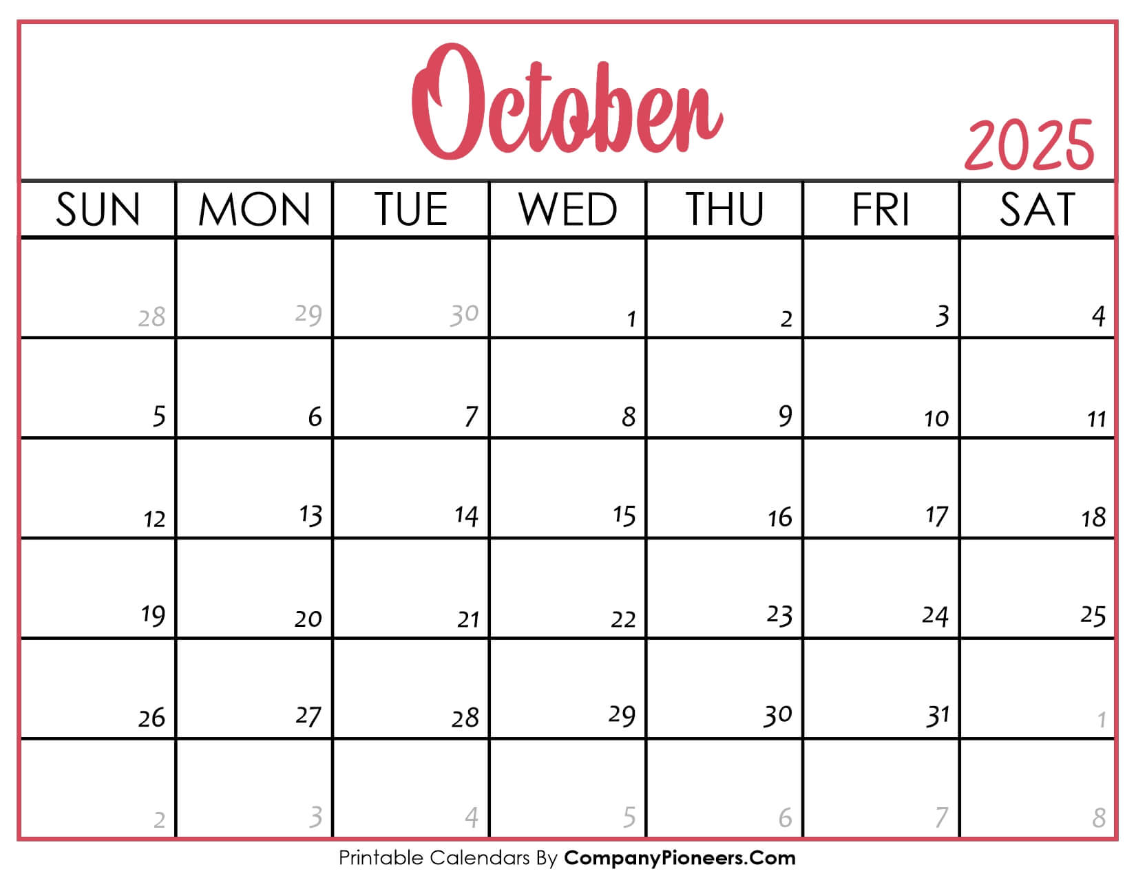 October 2025 Calendar Printable Pink Header