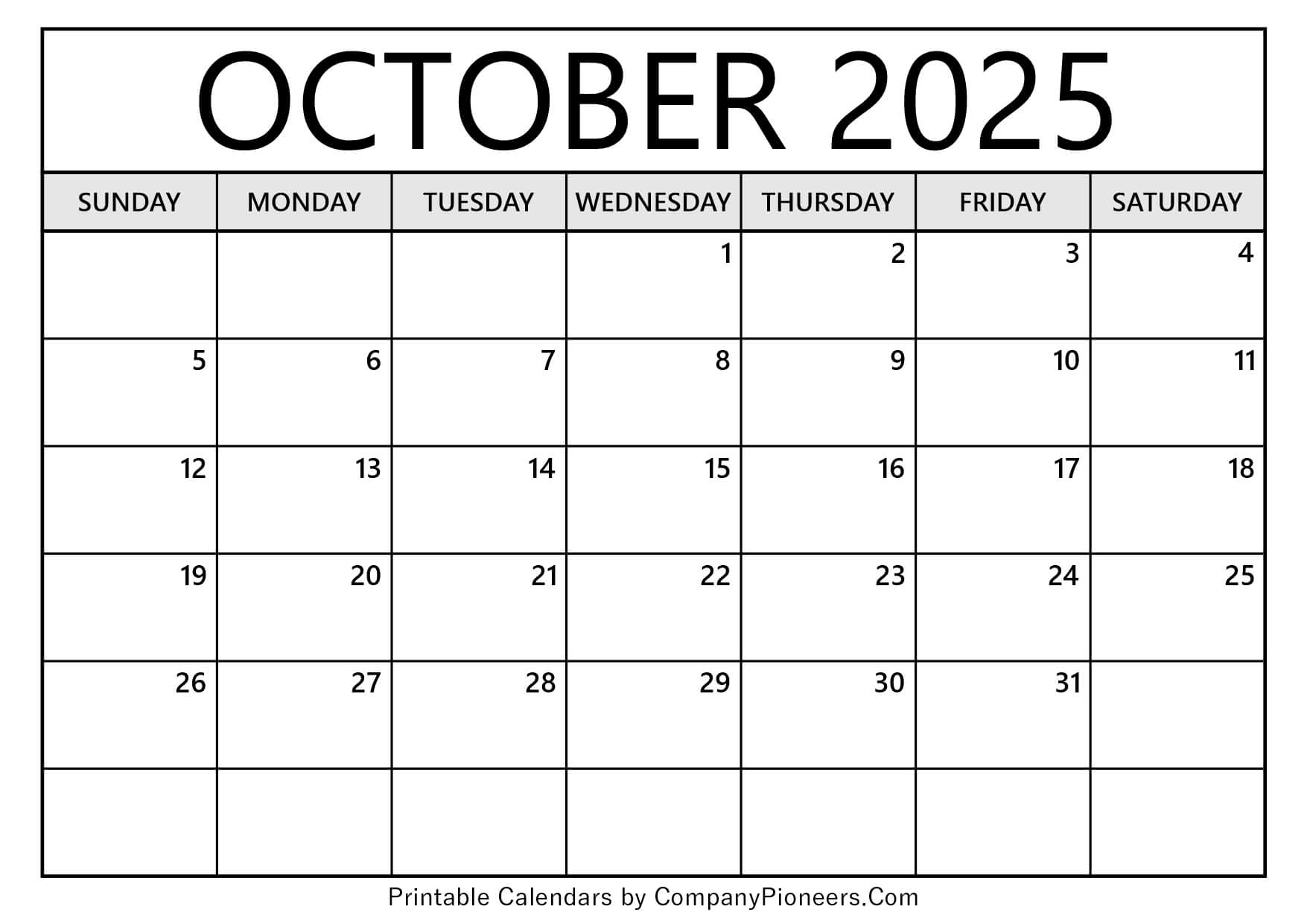 October 2025 Calendar Template Blank