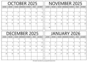 October 2025 to January 2026 Calendar