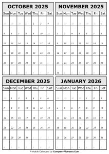 October 2025 to January 2026 Calendar Template