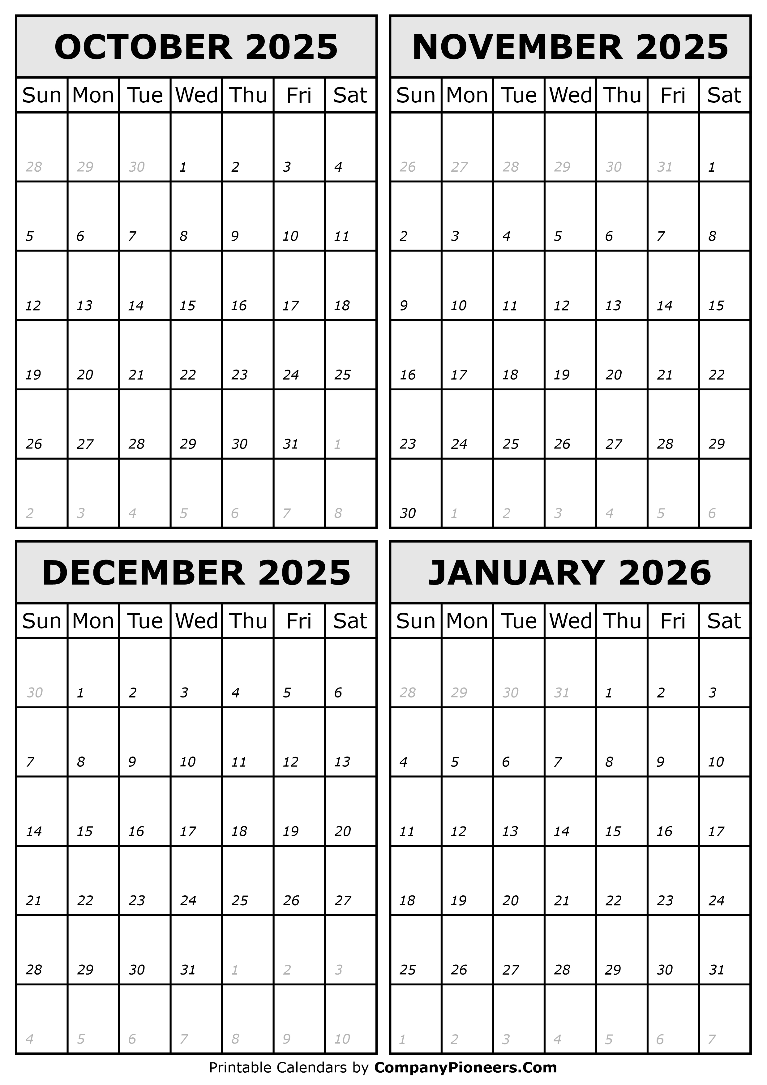 October 2025 to January 2026 Calendar Template